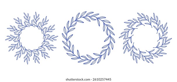 Mediterranean blue olive branches circle frame set. Hand drawn round line border, leaves and flowers, wedding invitation and cards, logo design and posters template. Elegant minimal style floral set