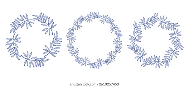 Mediterranean blue olive branches circle frame set. Hand drawn round line border, leaves and flowers, wedding invitation and cards, logo design and posters template. Elegant minimal style floral set