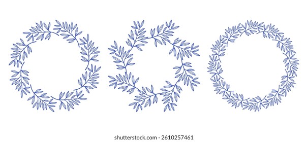 Mediterranean blue olive branches circle frame set. Hand drawn round line border, leaves and flowers, wedding invitation and cards, logo design and posters template. Elegant minimal style floral set