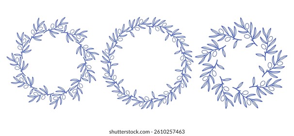 Mediterranean blue olive branches circle frame set. Hand drawn round line border, leaves and flowers, wedding invitation and cards, logo design and posters template. Elegant minimal style floral set
