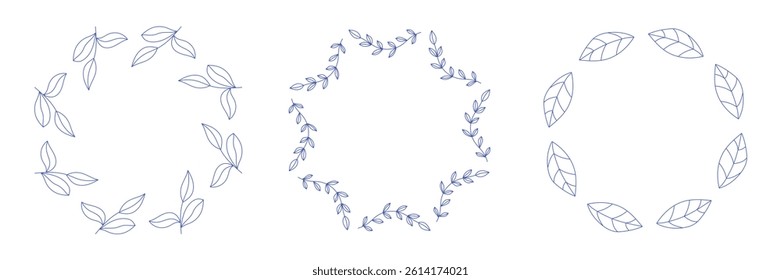 Mediterranean blue olive branches circle frame set. Hand drawn round line border, leaves and flowers, wedding invitation and cards, logo design and posters template. Elegant minimal style floral set