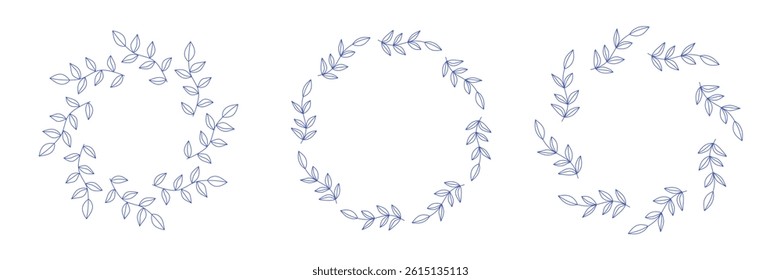 Mediterranean blue olive branches circle frame set. Hand drawn round line border, leaves and flowers, wedding invitation and cards, logo design and posters template. Elegant minimal style floral set