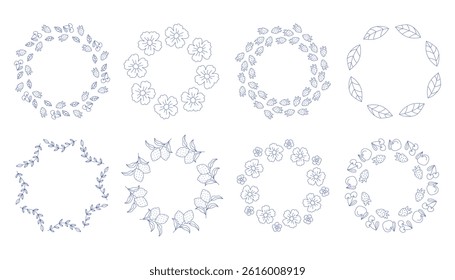 Mediterranean blue olive branches circle frame set. Hand drawn round line border, leaves and flowers, wedding invitation and cards, logo design and posters template. Elegant minimal style floral set