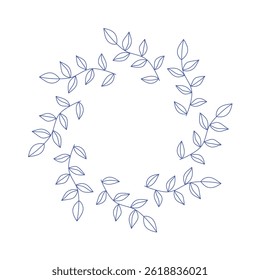 Mediterranean blue olive branches circle frame. Hand drawn round line border, leaves, wedding invitation and cards, logo design and posters template. Elegant minimal style floral