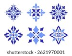 Mediterranean blue patterns set. Floral mosaic design, traditional motifs on a white background. Geometric ethnic ornament for ceramic. Vector illustration