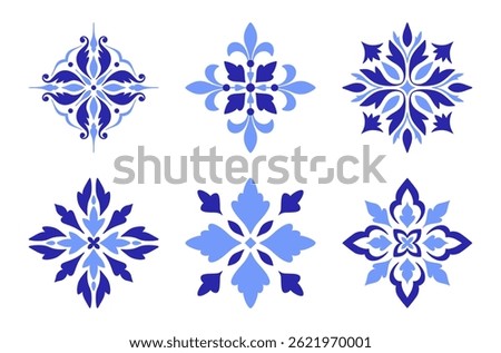 Mediterranean blue patterns set. Floral mosaic design, traditional motifs on a white background. Geometric ethnic ornament for ceramic. Vector illustration