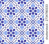 Mediterranean blue seamless pattern. Ethnic folk design. Azulejo, talavera, or majolica motifs. Portuguese, Italian, Spanish, Sicilian tile. Floral mosaic ornament. Hand drawn vector illustration