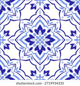 Modelo inconsútil azul mediterráneo. Diseño de mosaico étnico. Azulejo. Portugués, italiano, español, motivos sicilianos. Ornamento floral, impresión gráfica para textiles para el hogar o baldosas de cerámica. Ilustración vectorial