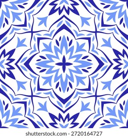 Modelo inconsútil azul mediterráneo. Diseño de mosaico étnico. Azulejo. Portugués, italiano, español, motivos sicilianos. Ornamento floral, impresión gráfica para textiles para el hogar o baldosas de cerámica. Ilustración vectorial