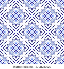 Modelo inconsútil azul mediterráneo. Diseño de mosaico étnico. Motivos de azulejo, talavera o mayólica. Azulejo portugués, italiano, español, siciliano. Ornamento floral. Ilustración vectorial dibujada a mano