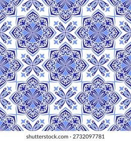 Mediterranean blue seamless pattern. Ethnic folk design. Azulejo, talavera, or majolica motifs. Portuguese, Italian, Spanish, Sicilian tile. Floral mosaic ornament. Hand drawn vector illustration