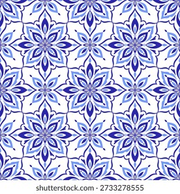 Mediterranean blue seamless pattern. Ethnic folk design. Azulejo, talavera, or majolica motifs. Portuguese, Italian, Spanish, Sicilian tile. Floral mosaic ornament. Hand drawn vector illustration