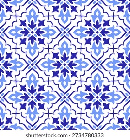 Mediterranean blue seamless pattern. Ethnic folk design. Azulejo, talavera, or majolica motifs. Portuguese, Italian, Spanish, Sicilian tile. Floral mosaic ornament. Hand drawn vector illustration