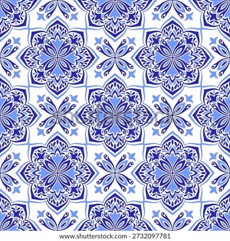 Mediterranean blue seamless pattern. Ethnic folk design. Azulejo, talavera, or majolica motifs. Portuguese, Italian, Spanish, Sicilian tile. Floral mosaic ornament. Hand drawn vector illustration