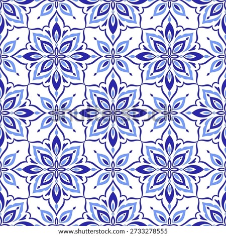Mediterranean blue seamless pattern. Ethnic folk design. Azulejo, talavera, or majolica motifs. Portuguese, Italian, Spanish, Sicilian tile. Floral mosaic ornament. Hand drawn vector illustration