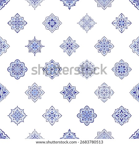 Mediterranean blue seamless pattern. Traditional azulejo, talavera or majolica ethnic floral tile. Portuguese, Moroccan, Sicilian, Spanish motifs. Colorful hand drawn mosaic ornament. Vector