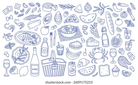 Mediterranean blue summer set. Hand drawn vintage doodle drawing. Family dinner, picnic, breakfast with wine, pasta and snacks. Dolce vita table setting drawings for cafe or restaurant menus design.