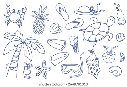 Mediterranes blaues Sommerset. Handgezeichnete Vintage-Doodle-Zeichnung. Sommerferiensammlung. Dolce Vita Zeichnungen für Karten, Aufkleber, Sommer Verkauf Banner.