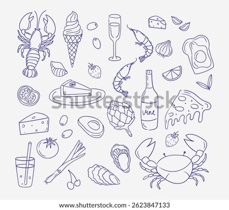 Mediterranean blue summer set. Hand drawn doodle drawing. Family dinner, picnic, breakfast with wine. Dolce vita table setting drawings for cafe or restaurant menus design.