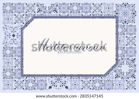 Mediterranean blue tile background frame, Amalfi coast event card invitation template, copyspace
