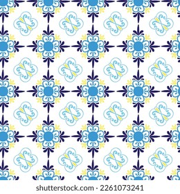 Mediterranean blue tile pattern. Seamless ornament. Hand drawn curve, floral mosaic. Arabic or azulejo ceramic. Print for textile, wrapping paper, wallpaper design. Oriental decor vector illustration