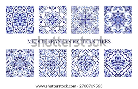Mediterranean blue tile, seamless patterns, no background. Spanish, Sicilian, Portuguese, Italian traditional ornaments. Azulejo. Set of floral mosaic designs with ethnic motifs for ceramic, vector