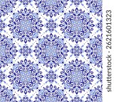 Mediterranean blue white seamless pattern. Ethnic mosaic design, traditional Portuguese, Italian, Spanish motifs. Floral ornament for home textile or ceramic tile. Vector illustration