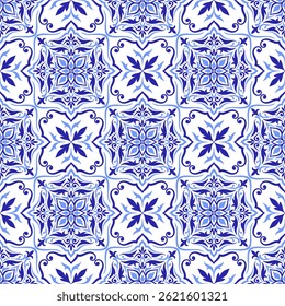 Mediterranean blue and white seamless pattern. Ethnic mosaic design. Portuguese, Italian, Spanish motifs. Floral ornament, graphic print for home textile or ceramic tile. Vector illustration