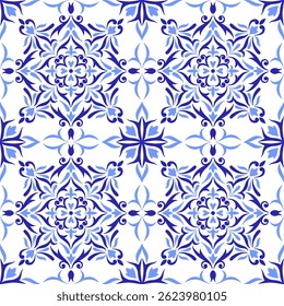 Mediterranean blue and white seamless pattern. Ethnic mosaic design. Portuguese, Italian, Spanish motifs. Floral ornament, graphic print for home textile or ceramic tile. Vector illustration