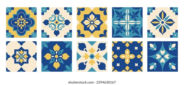 Mediterranean blue and yellow abstract geometric pattern. Floral arabesque. Italian, Portuguese, Spanish, Morocco tiles background in traditional style. Wall and floor interior design. Mosaic. Vector.