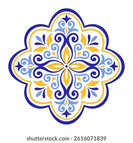 Mediterranean blue yellow floral motif on white background. Ethnic mosaic design for ceramic tile. Traditional Portuguese, Moroccan, Spanish ornament. Vector illustration