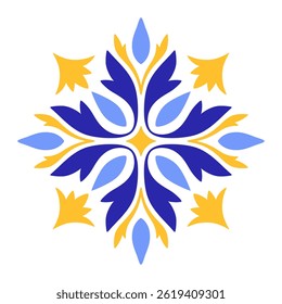 Mediterranean blue yellow floral motif on white background. Ethnic mosaic design for ceramic tile. Portuguese, Moroccan, Spanish ornament. Vector illustration