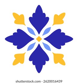 Mediterranean blue yellow floral motif on white background. Ethnic mosaic design for ceramic tile. Portuguese, Moroccan, Spanish ornament. Vector illustration