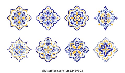 Mediterranean blue yellow pattern set. Floral ethnic motifs for tile design. Spanish, Portuguese, or Moroccan traditional ornaments. Vector illustration.