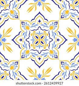 Mediterranean blue yellow seamless pattern on white background. Traditional folk Portuguese, Moroccan, or Spanish motifs. Floral ethnic ornament for textile, ceramic tile. Vector illustration