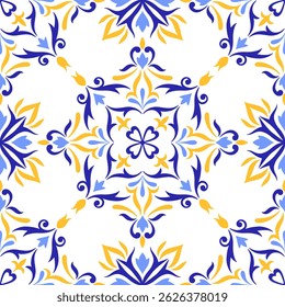 Mediterranean blue and yellow seamless pattern. Ethnic mosaic design. Portuguese, Italian, Spanish motifs. Floral ornament, graphic print for home textile or ceramic tile. Vector illustration