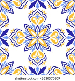 Mediterranean blue and yellow seamless pattern. Ethnic mosaic design. Portuguese, Italian, Spanish motifs. Floral ornament, graphic print for home textile or ceramic tile. Vector illustration