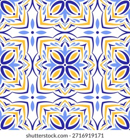 Modelo inconsútil amarillo azul mediterráneo. Diseño folclórico étnico. Motivos de azulejo, talavera o mayólica. Azulejo portugués, italiano, español, siciliano. Ornamento floral del mosaico. Ilustración vectorial