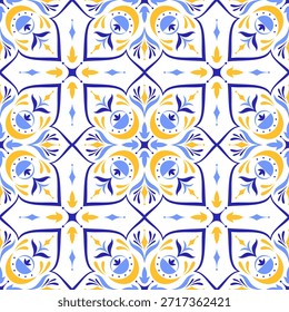 Modelo inconsútil amarillo azul mediterráneo. Diseño folclórico étnico. Azulejo, talavera, motivos de mayólica. Azulejo portugués, italiano, español, siciliano. Ornamento floral del mosaico. Ilustración vectorial dibujada a mano