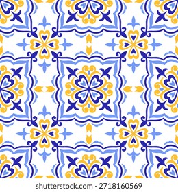 Modelo inconsútil amarillo azul mediterráneo. Diseño folclórico étnico. Motivos de azulejo, talavera o mayólica. Azulejo portugués, italiano, español, siciliano. Ornamento floral del mosaico. Ilustración vectorial