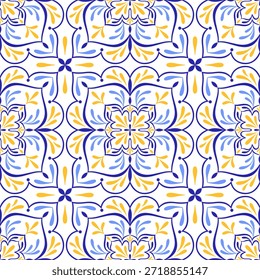 Modelo inconsútil amarillo azul mediterráneo. Diseño folclórico étnico. Azulejo, talavera, motivos de mayólica. Azulejo portugués, italiano, español, siciliano. Ornamento floral del mosaico. Ilustración vectorial dibujada a mano