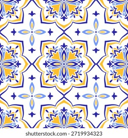 Modelo inconsútil amarillo azul mediterráneo. Diseño folclórico étnico. Motivos de azulejo, talavera o mayólica. Azulejo portugués, italiano, español, siciliano. Ornamento floral del mosaico. Ilustración vectorial