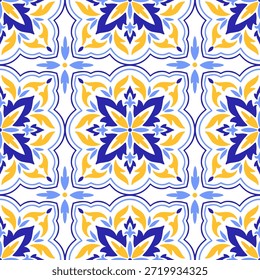 Modelo inconsútil amarillo azul mediterráneo. Diseño folclórico étnico. Motivos de azulejo, talavera o mayólica. Azulejo portugués, italiano, español, siciliano. Ornamento floral del mosaico. Ilustración vectorial