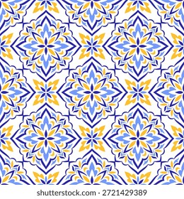 Modelo inconsútil amarillo azul mediterráneo sobre fondo blanco. Azulejo o mayólica. Motivos folclóricos portugueses, marroquíes, sicilianos y españoles. Mosaico geométrico, adorno floral. Ilustración vectorial