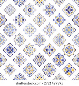 Mittelmeer blau gelb nahtloses Muster. Traditionelle Talavera oder Majolica ethnischen Blumenziegel. Portugiesische, marokkanische, sizilianische, spanische Motive. Farbenfrohe handgezeichnete Mosaikschmuck. Vektorgrafik