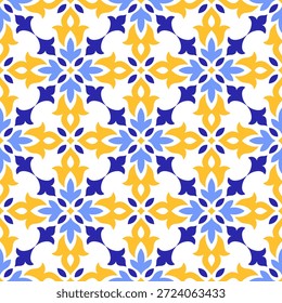 Padrão sem emenda azul-amarelo mediterrânico. Design popular étnico. Azulejo, talavera, motivos majolica. azulejo português, italiano, espanhol, siciliano. Ornamento de mosaico floral. Ilustração de vetor desenhada à mão