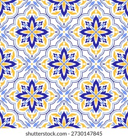 Mediterranean blue yellow seamless pattern. Ethnic mosaic design. Azulejo, talavera, or majolica motifs. Portuguese, Italian, Spanish, Sicilian tile. Floral ornament. Hand drawn vector illustration