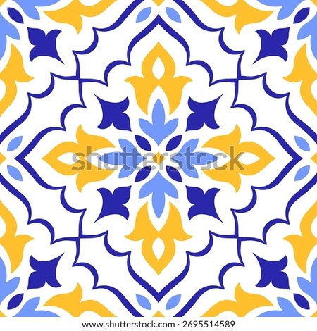 Mediterranean blue yellow seamless pattern on white background. Traditional Portuguese, Moroccan, Sicilian, or Spanish motifs. Geometric mosaic. Floral ornament tile. Vector illustration