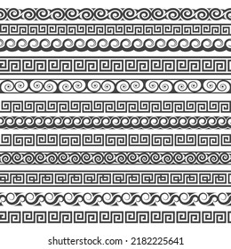 Mediterranean borders. Greek ornametal boarder patterns, meander flowers waves ancient texture ornaments, roman gladiators repeat design geometric decor elements, vector illustration