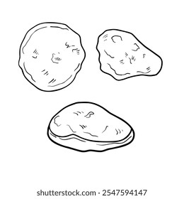 Pão mediterrâneo pita, grego flatbread preto branco vetor ilustração isolado. Pão árabe desenhado à mão para a padaria. Pintado silhueta bolso pitta na arte da linha para a sinalização do projeto, a embalagem.